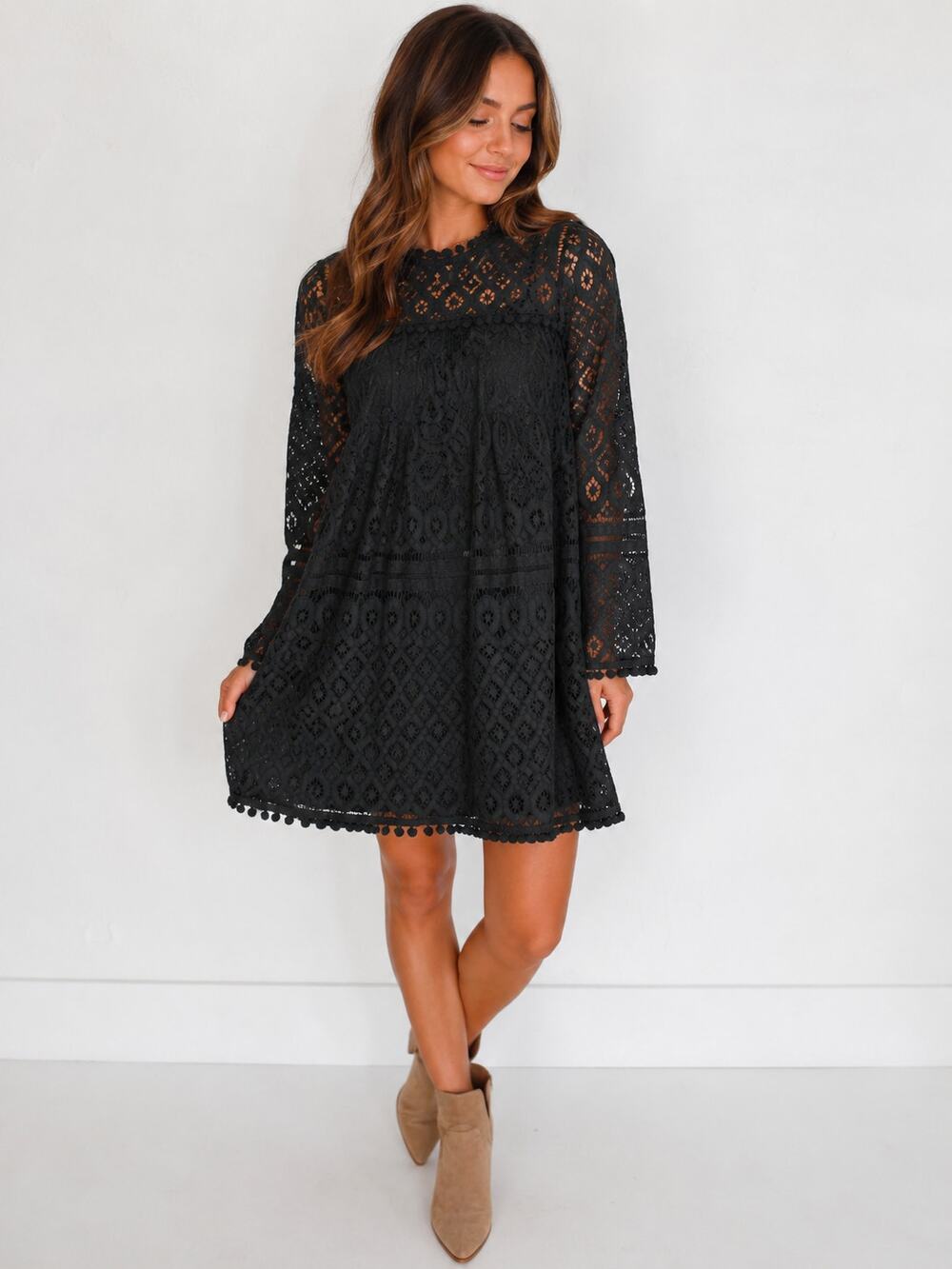 SHEIN Black Lace Shift Dress Women’s Small Bell Sleeve Boho Mini Crochet